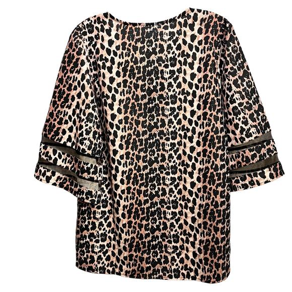 Luvamia V Neck 3/4 Bell Sleeve Animal Print Leopard Mesh Shirt Top - Picture 6 of 6